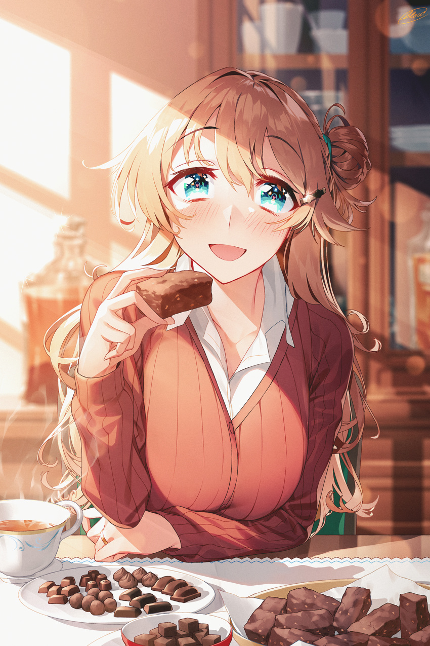1girl aqua_eyes bangs blew_andwhite blurry blurry_background blush breasts brown_hair brownie_(food) chocolate collarbone collared_shirt commentary_request cup doily eyebrows_visible_through_hair food hair_between_eyes hair_bun hair_tie heart heart-shaped_pupils highres holding holding_food large_breasts long_hair looking_at_viewer original plate red_sweater ribbed_sweater shelf shirt sitting smile solo sweater symbol-shaped_pupils table upper_body valentine white_shirt