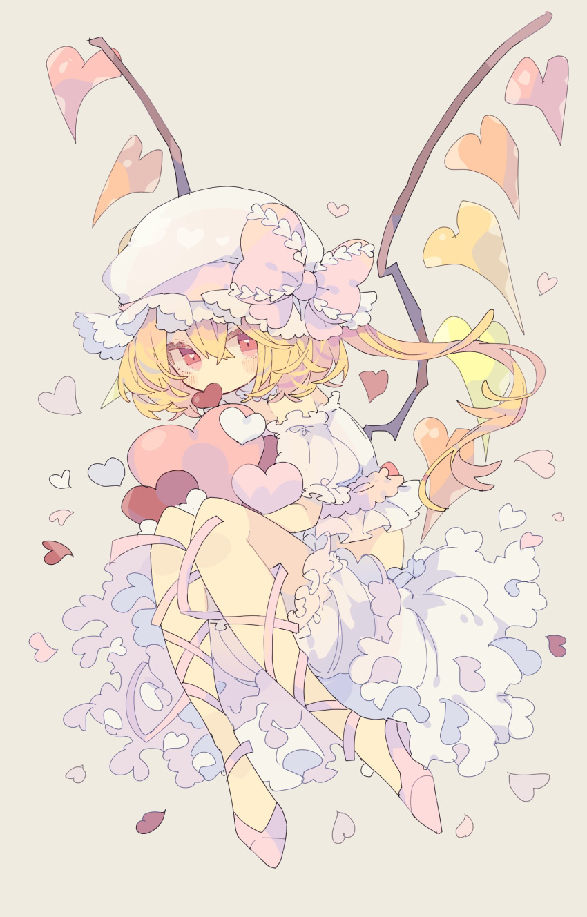 1girl absurdres alternate_costume bangs bare_shoulders blonde_hair blush bow covered_mouth crystal flandre_scarlet frills hair_between_eyes hat hat_bow heart heart-shaped_pupils highres jewelry looking_to_the_side mob_cap multicolored_wings nikorashi-ka off-shoulder_shirt off_shoulder one_side_up pink_bow pink_eyes pink_footwear pink_heart puffy_short_sleeves puffy_sleeves red_eyes red_heart shirt shoes short_hair short_sleeves shorts sitting skirt solo symbol-only_commentary symbol-shaped_pupils t-shirt touhou white_headwear white_shirt white_shorts white_skirt wings
