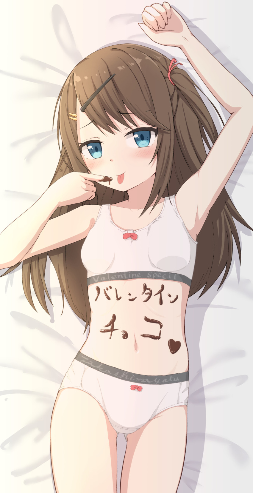 1girl absurdres arm_up ass_visible_through_thighs bangs bed_sheet blue_eyes blush bow bow_bra bow_panties bra brown_hair chocolate chocolate_on_body chocolate_on_hand clothes_writing commentary_request english_text engrish_text eyebrows_visible_through_hair food_on_body food_on_hand hair_ornament hairclip hand_up highres hippo_(hirople) long_hair lying on_back one_side_up original panties ranguage solo training_bra translation_request underwear valentine very_long_hair white_bra white_panties