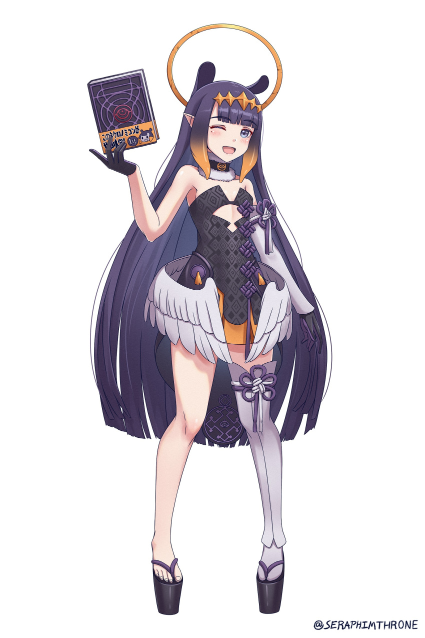 1girl :d absurdres artist_name bangs black_gloves book dress flip-flops full_body gloves halo highres holding holding_book hololive hololive_english long_hair looking_at_viewer mole mole_under_eye monster_girl ninomae_ina'nis one_eye_closed open_mouth pointy_ears purple_dress purple_hair sandals scylla seraphim_throne simple_background single_sleeve single_thighhigh smile solo strapless strapless_dress thigh-highs toes violet_eyes virtual_youtuber white_background white_legwear white_sleeves