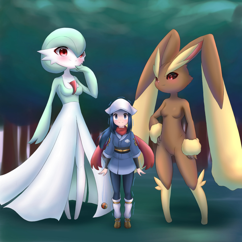 3girls akari_(pokemon) alpha_pokemon animal_ears black_hair black_legwear black_sclera blue_eyes blue_kimono blush body_fur breasts brown_footwear colored_sclera dress empty_eyes eyebrows fang forest full_body furry furry_female gardevoir green_hair hand_on_hip hand_to_own_mouth hat highres japanese_clothes kimono leg_warmers leggings long_hair lopunny multiple_girls nature open_clothes open_dress outdoors pale_skin poke_ball pokemon pokemon_(creature) pokemon_(game) pokemon_legends:_arceus rabbit_ears red_eyes red_scarf scared scarf shoes short_hair small_breasts smile sweat sweating_profusely tree trembling white_dress white_headwear x_(zvkm7328) you_gonna_get_raped yukata