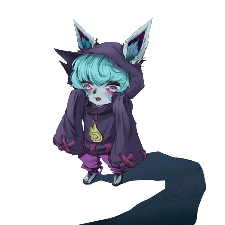 1girl :o animal_ears bangs black_nails blush ears_through_headwear fang full_body green_hair grey_background hands_up highres hood hooded_coat league_of_legends living_shadow long_sleeves nail_polish nyamnyam open_mouth oversized_clothes pants pink_pants shiny shiny_hair short_hair simple_background standing toenail_polish toenails vex_(league_of_legends) violet_eyes yordle