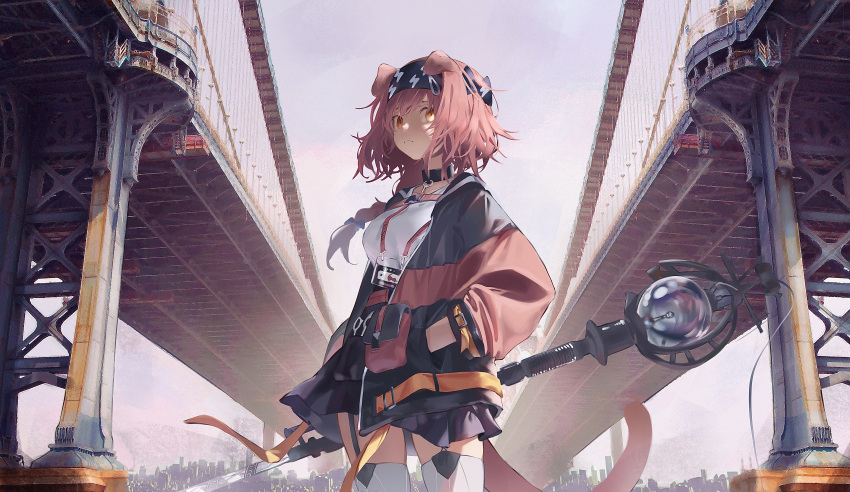 1girl absurdres animal_ears arknights black_hairband black_skirt blush braid breasts bridge cat_ears cat_girl cat_tail cityscape closed_mouth coat collar collarbone cowboy_shot day english_commentary garter_straps goldenglow_(arknights) hairband hand_in_pocket high-waist_skirt highres holding holding_staff id_card lightning_bolt_print long_hair long_sleeves looking_at_viewer medium_breasts open_clothes open_coat outdoors pink_hair scissors shirt single_braid skirt staff tail thigh-highs two-tone_coat white_legwear white_shirt yellow_eyes zeklewaaa zettai_ryouiki