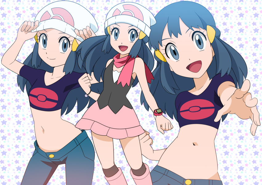 1girl :d bangs beanie boots bracelet clenched_hand closed_mouth commentary_request cropped_shirt eyelashes grey_eyes hainchu hat highres hikari_(pokemon) jewelry long_hair looking_at_viewer midriff multiple_views navel open_mouth outstretched_arm pants pink_footwear pink_scarf pink_skirt poke_ball_print pokemon pokemon_(anime) pokemon_dppt_(anime) poketch scarf shirt skirt sleeveless sleeveless_shirt smile split_mouth tongue watch watch white_headwear