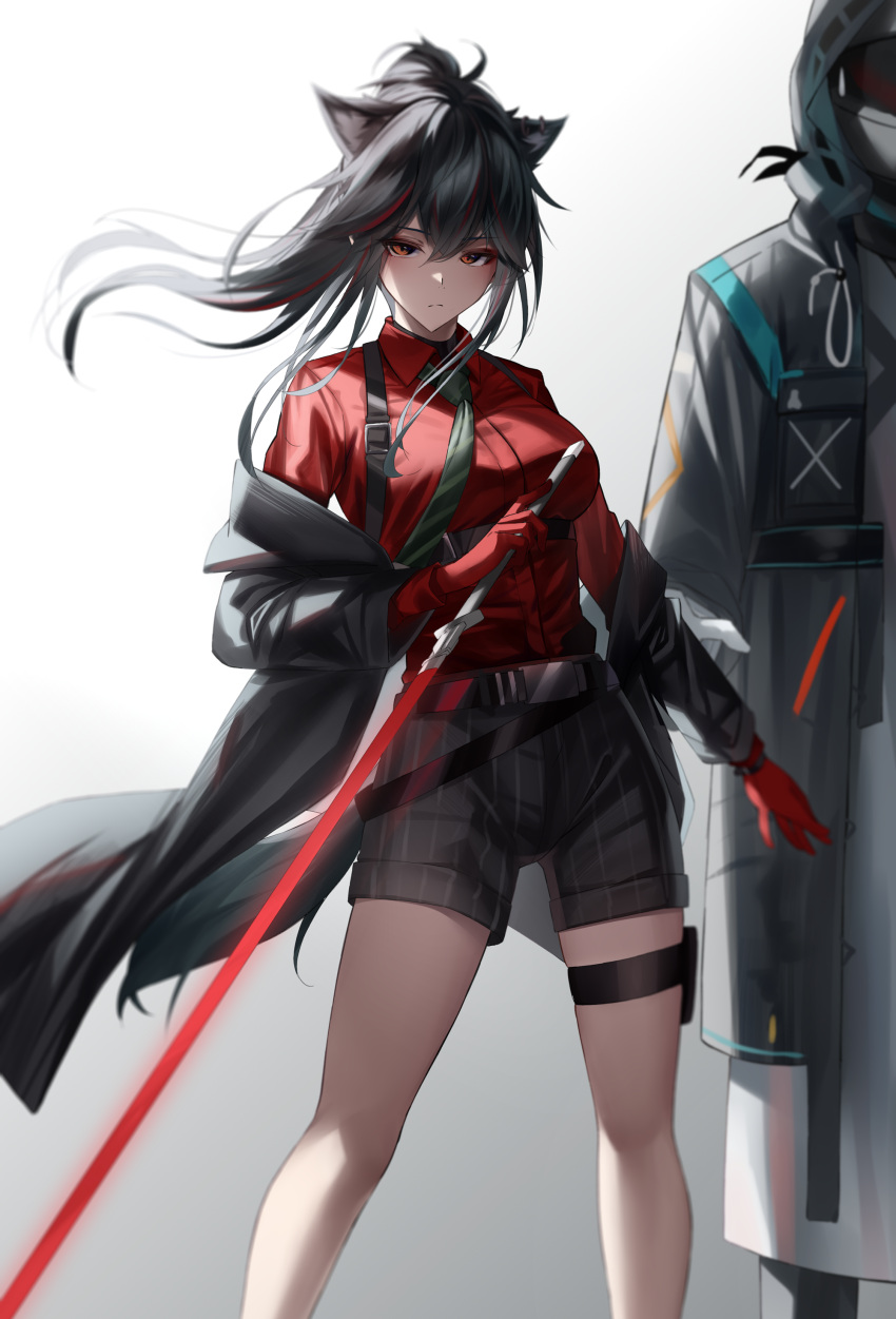 1girl 1other absurdres animal_ears arknights bangs black_hair black_shorts blush closed_mouth collared_shirt crossed_bangs doctor_(arknights) feet_out_of_frame gloves highres holding holding_sword holding_weapon long_hair long_sleeves multicolored_hair ponytail red_eyes red_gloves red_shirt redhead shirt shirt_tucked_in shokuyou_koori shorts solo_focus standing streaked_hair sword tail texas_(arknights) texas_(willpower)_(arknights) thigh_pouch thigh_strap weapon wolf_ears wolf_girl wolf_tail