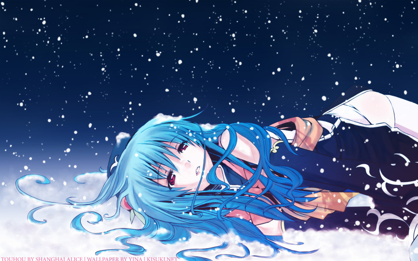 eretto food fruit hat highres hinanawi_tenshi long_hair lying on_side peach red_eyes signed snow snowing solo touhou wallpaper