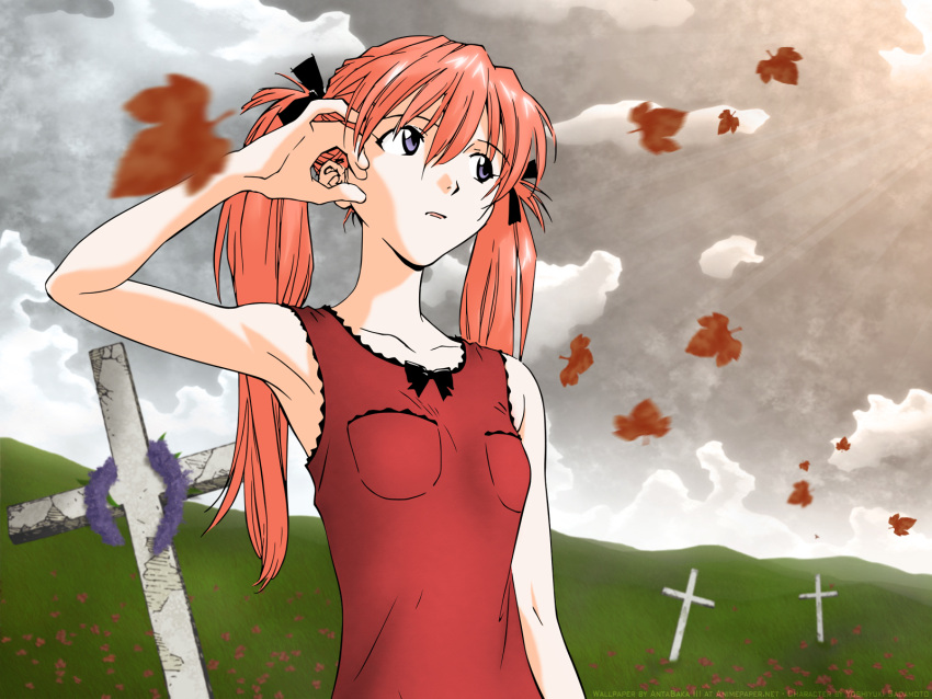 adjusting_hair armpits blurry bow cloud collarbone cross depth_of_field dress field from_below gainax grass graveyard hair_ribbon hair_tucking highres leaf neon_genesis_evangelion pink_hair pocket purple_eyes red_dress ribbon sadamoto_yoshiyuki sky souryuu_asuka_langley sunbeam sundress sunlight twintails wallpaper wreath