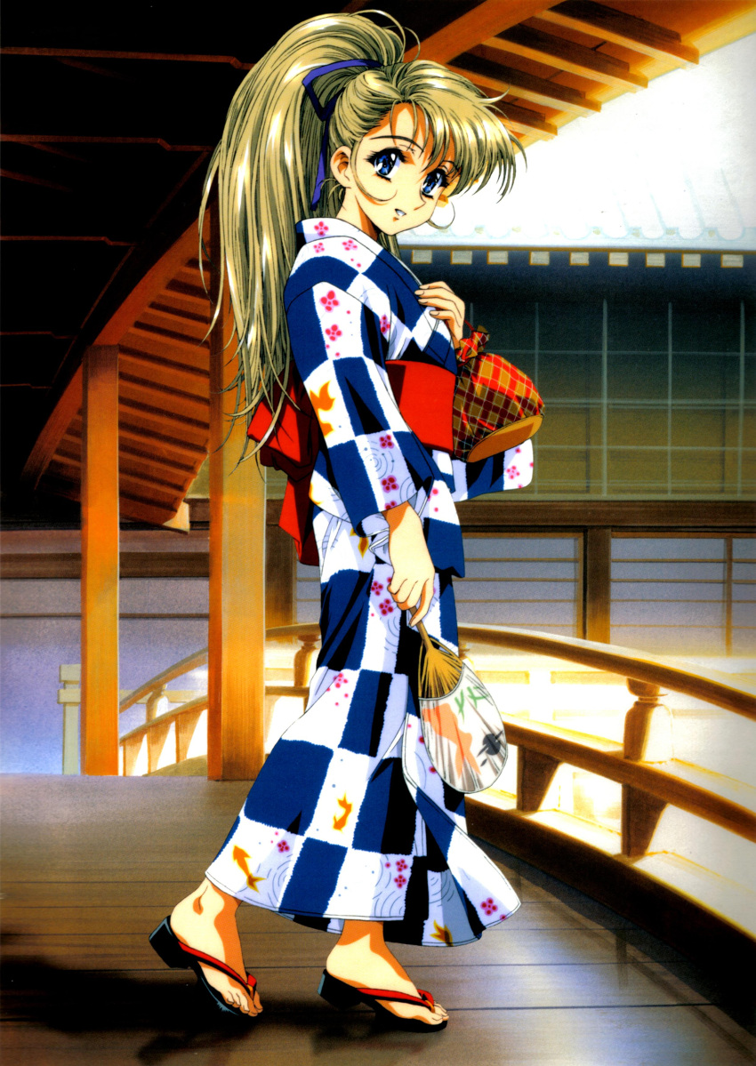 absurdres blonde_hair blue_eyes checkered fan geta highres japanese_clothes kawarajima_koh kawarajima_kou kimono kinchaku long_hair ponytail ribbon screening yukata