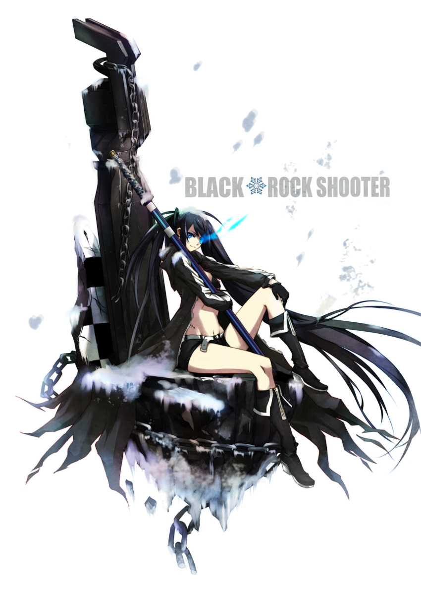bad_id black_hair black_rock_shooter black_rock_shooter_(character) blue_eyes boots chain checkered gloves glowing glowing_eyes gun highres jacket long_hair midriff navel shorts sitting solo steelleets sword twintails uneven_twintails very_long_hair weapon