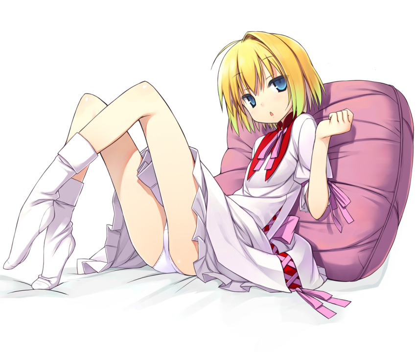 ahoge ass bare_legs bed blonde_hair blue_eyes dress eternal_melody feet flat_chest gradient_hair legs lemit_mariena lying multicolored_hair open_mouth panties pantyshot pantyshot_(lying) pillow poco poko ribbon short_hair simple_background socks solo underwear upskirt white_panties