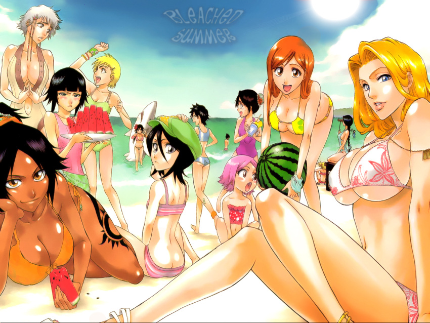 6+girls arisawa_tatsuki beach bent_over bikini binoculars black_hair bleach blonde_hair blush braid breasts brown_eyes bun_cover butt_crack child cleavage closed_mouth cloud dark_skin drink duplicate everyone flat_chest food fruit green_hat green_headwear hair_between_eyes hand_on_hat hand_on_headwear hat hinamori_momo holding holding_food holding_fruit holding_watermelon huge_breasts inoue_orihime ise_nanao kotetsu_isane kotetsu_kiyone kubo_taito kuchiki_rukia kurotsuchi_nemu kusajishi_yachiru large_breasts looking_back matsumoto_rangiku mole multiple_girls official_art open_mouth orange_hair outdoors polka_dot polka_dot_bikini polka_dot_swimsuit ponytail sarugaki_hiyori shark shiba_kuukaku shihouin_yoruichi short_hair silver_hair single_braid sitting sky smile soifon sui-feng swimsuit tankini tattoo thigh_tattoo underboob unohana_retsu vizard wallpaper water watermelon