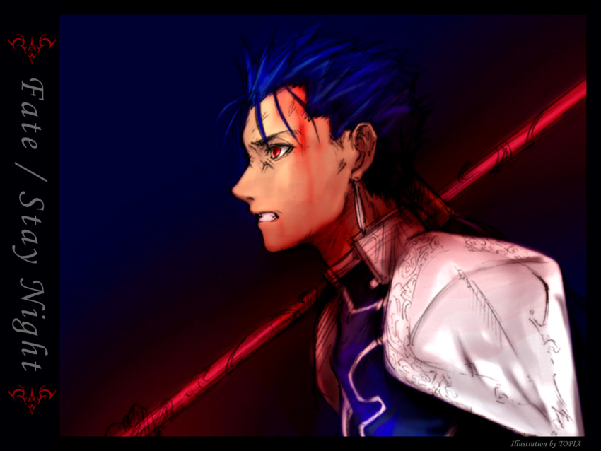 1boy black blood fate/stay_night fate_(series) gae_bolg lancer male over_shoulder polearm profile solo spear title_drop weapon weapon_over_shoulder