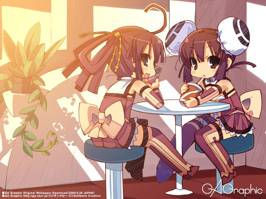 blue_eyes boots bow brown_hair bun_cover double_bun drink gagraphic multiple_girls red_eyes sitting wallpaper zankuro