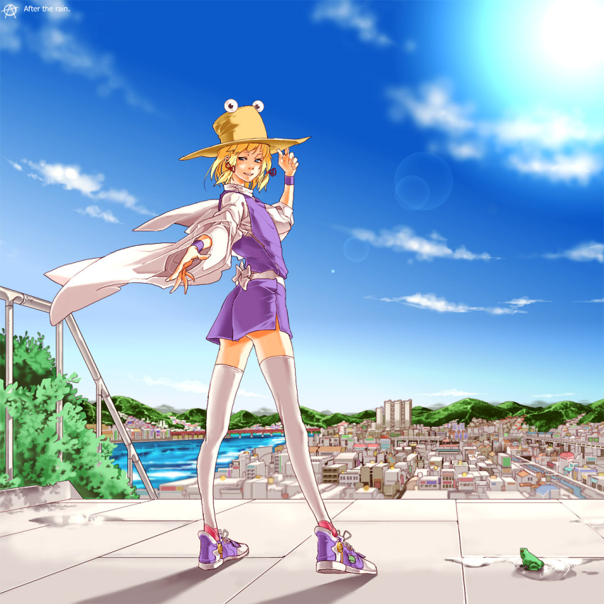 blue_eyes circle_a cityscape contemporary eyes frog hand_on_hat hat highres legs looking_back moriya_suwako shoes short_hair sky sneakers teenage thigh-highs thighhighs touhou white_legwear white_thighhighs wristband