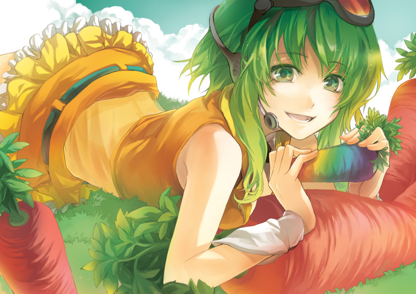 clouds goggles goggles_on_head grass green_eyes green_hair gumi headphones headset lying open_mouth rahwia rainbow short_hair skirt smile solo vocaloid wrist_cuffs