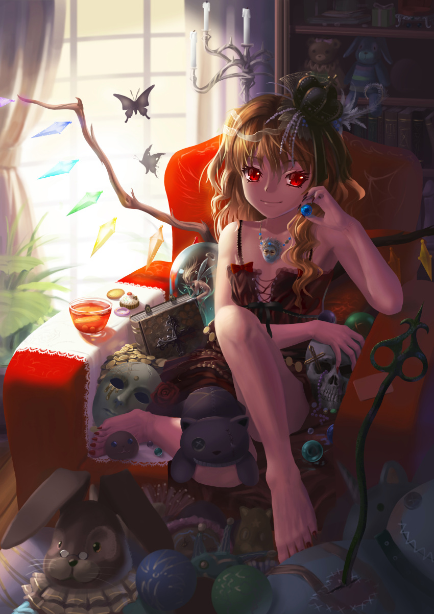 barefoot blonde_hair book bunny butterfly cat crown flandre_scarlet highres mask rabbit red_eyes saber_01 short_hair sitting slit_pupils stuffed_animal stuffed_toy touhou wings