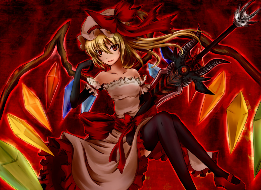 dress elbow_gloves flandre_scarlet gloves hat long_hair ponytail red_eyes ribbons serushisu_(artist) side_ponytail sitting sword thigh-highs thighhighs touhou weapon wings