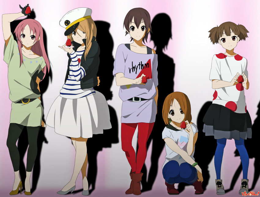 belt blue_legwear earrings extra food fruit hat highres hirasawa_ui holding holding_fruit jewelry k-on! listen!! manabe_nodoka miura_akane muumiso_(alacrte) no_glasses pantyhose red_legwear strawberry suzuki_jun tachibana_himeko