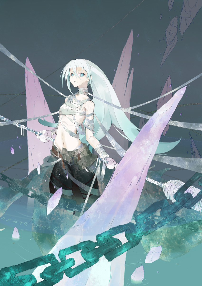 bandage bandages belt blue_eyes chain chains flat_chest highres ice long_hair navel original polearm snowdrop solo tattoo vane weapon white_hair