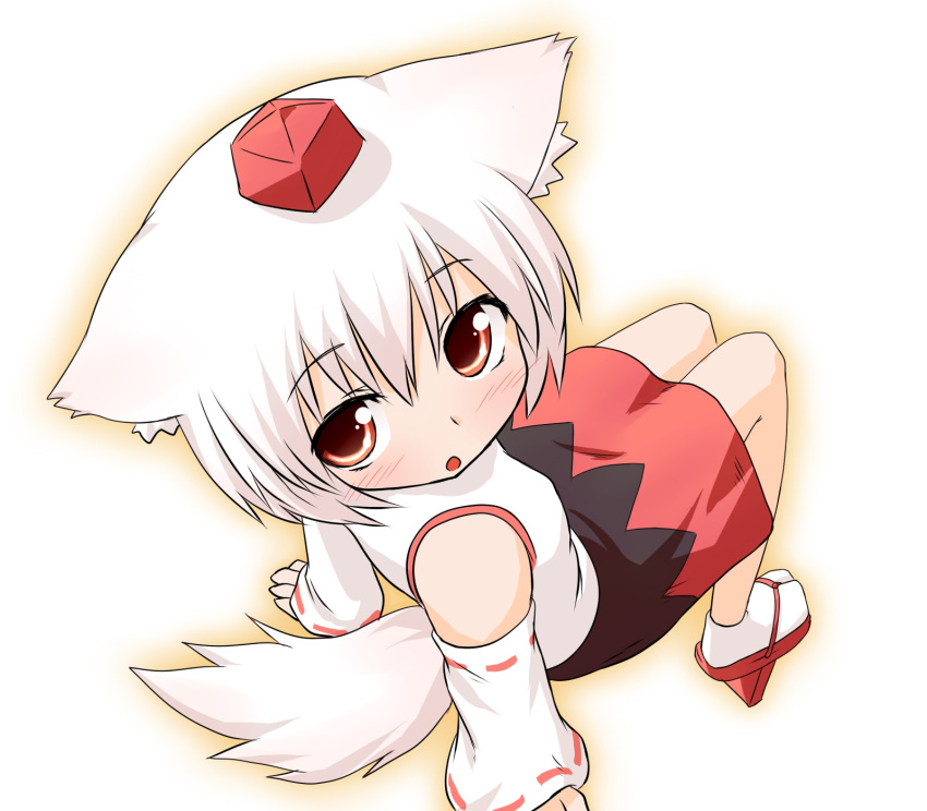 animal_ears blush detached_sleeves geta hat heart highres inubashiri_momiji natsu_no_koucha red_eyes short_hair sitting solo tail tail_wagging tengu-geta tokin_hat touhou white_hair wolf_ears wolf_tail