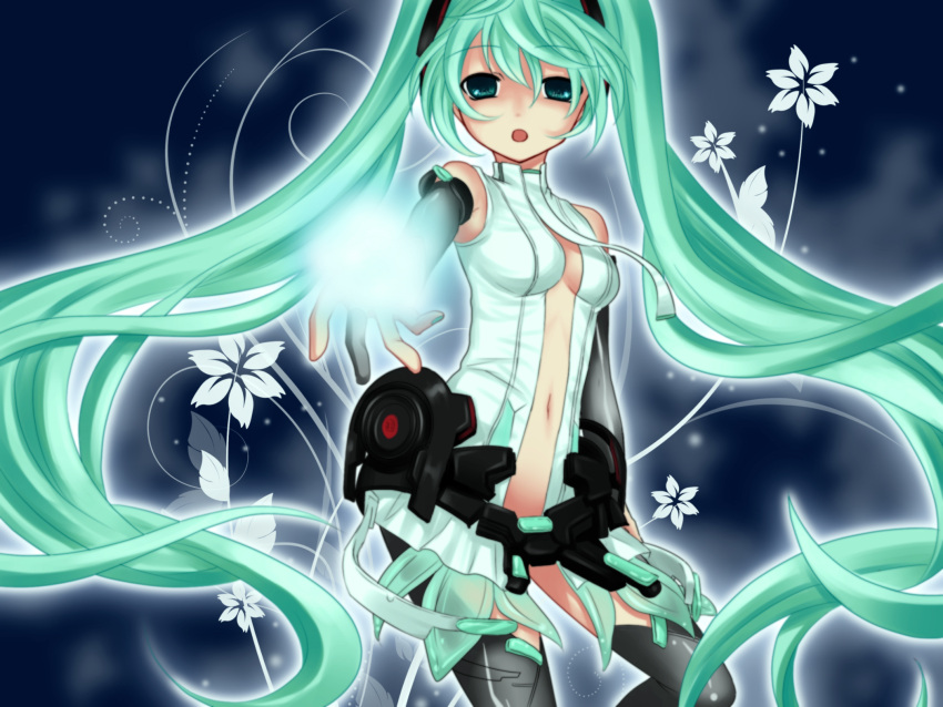 bridal_gauntlets flower green_eyes green_hair hatsune_miku hatsune_miku_(append) highres long_hair miku_append navel necktie solo thigh-highs thighhighs twintails very_long_hair vocaloid vocaloid_append yayoi_(egoistic_realism) yayoi_(pixiv182527)