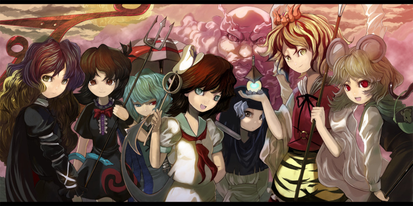 animal_ears asymmetrical_wings black_hair blonde_hair blue_eyes blue_hair cape cloud clouds dress gradient_hair grey_hair hair_ornament hat heterochromia highres hijiri_byakuren hishaku hood houjuu_nue jeweled_pagoda kumoi_ichirin ladle long_hair mouse mouse_ears mouse_tail multicolored_hair murasa_minamitsu nazrin polearm red_eyes sailor sailor_collar sailor_hat sailor_suit shawl shope short_hair snake tail tatara_kogasa thigh-highs thighhighs tongue toramaru_shou touhou trident umbrella undefined_fantastic_object unzan weapon wings yellow_eyes