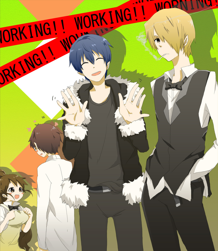 :d blush_stickers cigarette cosplay durarara!! fukuyama_jun glasses hair_over_one_eye heiwajima_shizuo heiwajima_shizuo_(cosplay) highres juugonichi_(wheeliex2) kamiya_hiroshi kishitani_shinra kishitani_shinra_(cosplay) ono_daisuke open_mouth orihara_izaya orihara_izaya_(cosplay) parody satou_jun seiyuu_connection seiyuu_joke smile souma_hiroomi takanashi_souta taneshima_popura working!!