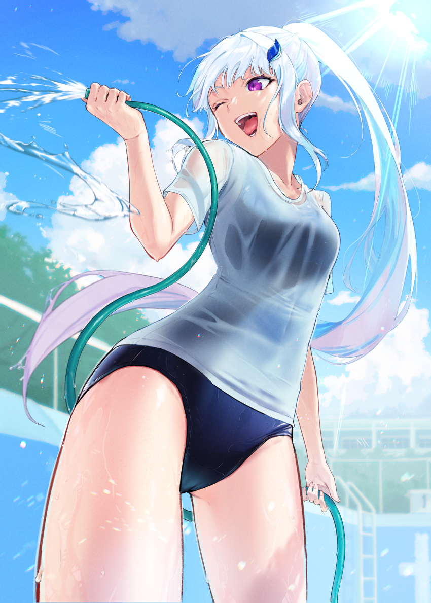 1girl absurdres alternate_costume blue_hair blue_sky blue_swimsuit breasts clouds cloudy_sky colored_inner_hair commentary cowboy_shot crotch_seam empty_pool from_below hair_ornament half_updo highres holding holding_hose hose ladder light_rays lize_helesta long_hair medium_breasts multicolored_hair nijisanji one-piece_swimsuit one_eye_closed open_mouth ponytail pool school_swimsuit see-through shirt short_sleeves sidelocks silver_hair sky smile solo spraying standing sunlight swimsuit swimsuit_under_clothes t-shirt teeth thighs tongue tree two-tone_hair violet_eyes virtual_youtuber water wet wet_clothes wet_shirt white_shirt zelo6