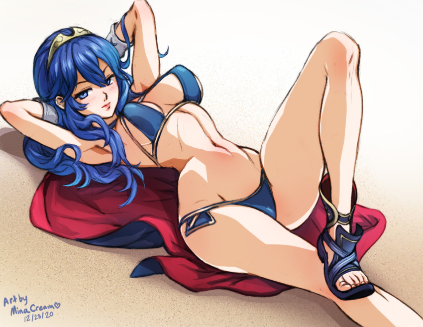 1girl artist_name bikini blue_bikini blue_eyes blue_footwear blue_hair breasts cape closed_mouth dated english_text fire_emblem hair_between_eyes long_hair looking_at_viewer lucina_(fire_emblem) lying mina_cream on_back on_ground sand sandals solo swimsuit tiara toenails toes two-tone_cape
