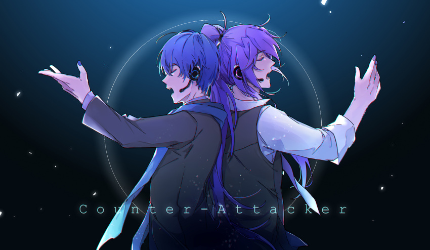 2boys back-to-back black_background black_jacket black_vest blue_hair blue_nails blue_scarf closed_eyes commentary formal headset highres jacket kaito_(vocaloid) kamui_gakupo light_particles long_hair male_focus multiple_boys music nail_polish open_mouth outstretched_arm ponytail purple_hair purple_nails scarf shirt singing song_name suit very_long_hair vest vocaloid white_shirt yinnnn