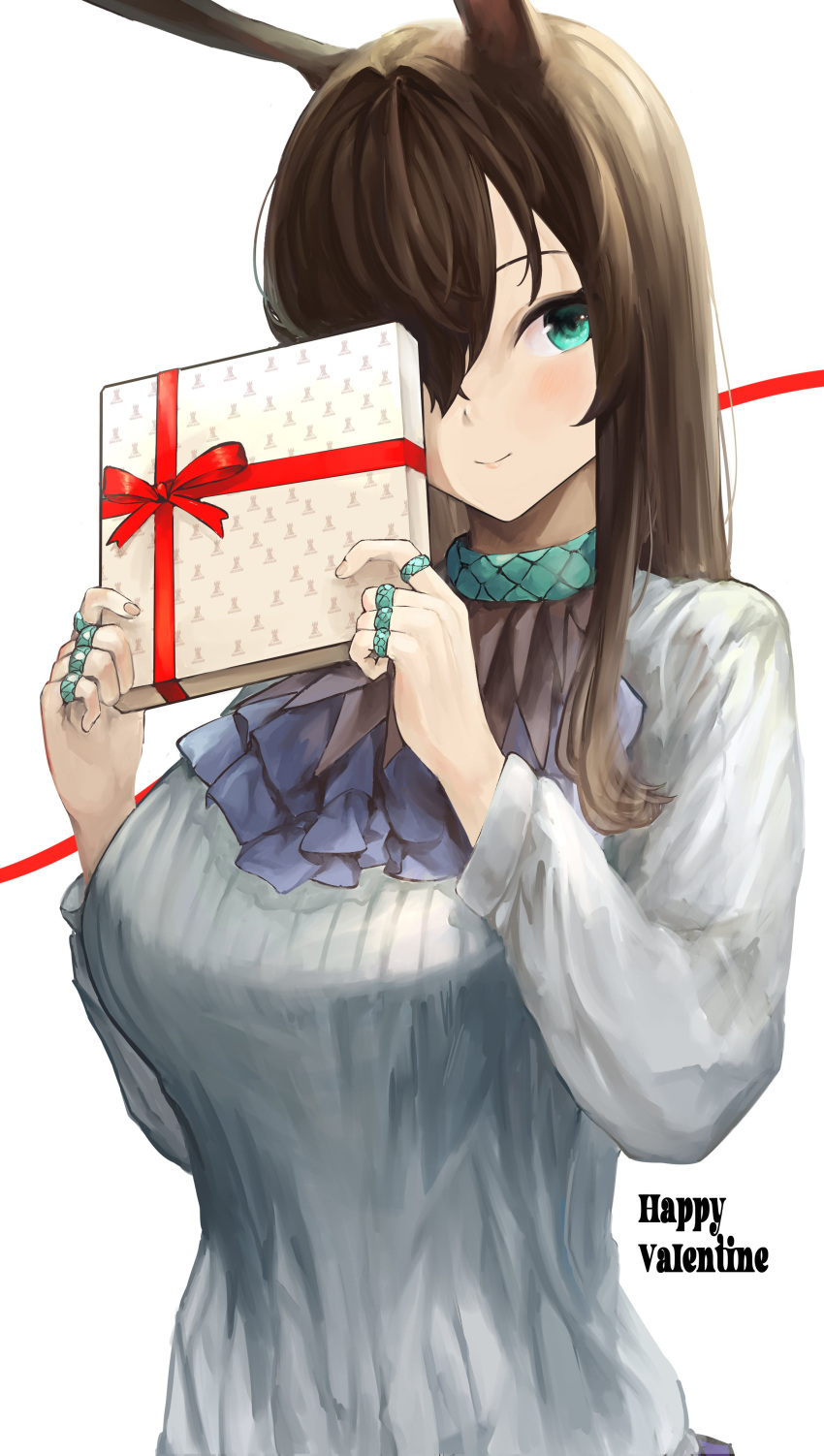 1girl absurdres amiya_(arknights) animal_ears aqua_eyes arknights ascot blue_ascot blush breasts brown_hair closed_mouth gift hair_over_one_eye happy_valentine highres holding holding_gift jewelry kajuu large_breasts long_hair looking_at_viewer multiple_rings older rabbit_ears red_ribbon ribbon ring smile solo string string_of_fate sweater upper_body valentine white_background white_sweater