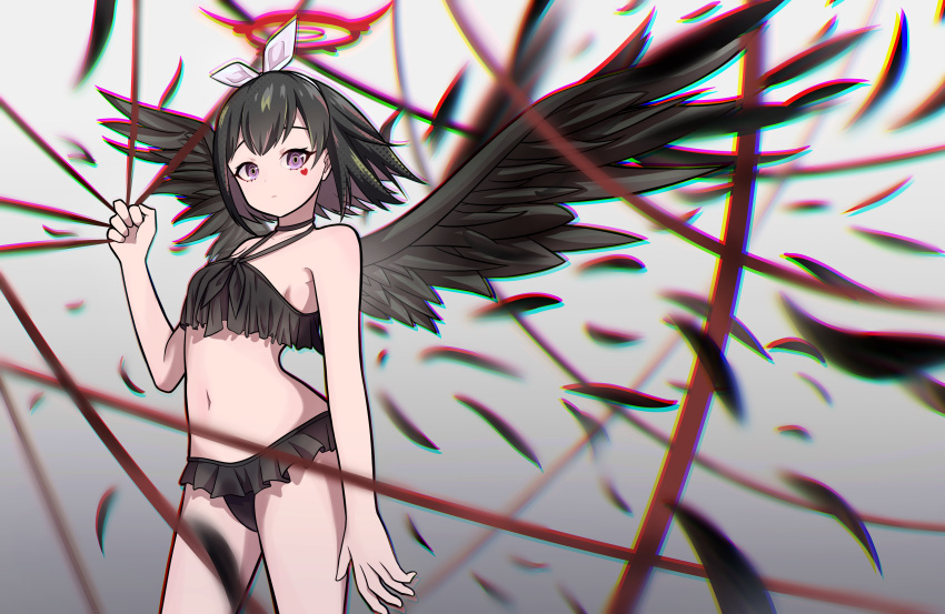 1girl absurdres angel_wings bikini black_bikini black_hair black_wings blue_archive bow chromatic_aberration closed_mouth facial_mark falling_feathers feathered_wings frilled_bikini frills halo heart highres holding ji-rex looking_at_viewer mashiro_(blue_archive) short_hair simple_background solo string swimsuit violet_eyes white_bow wind wings