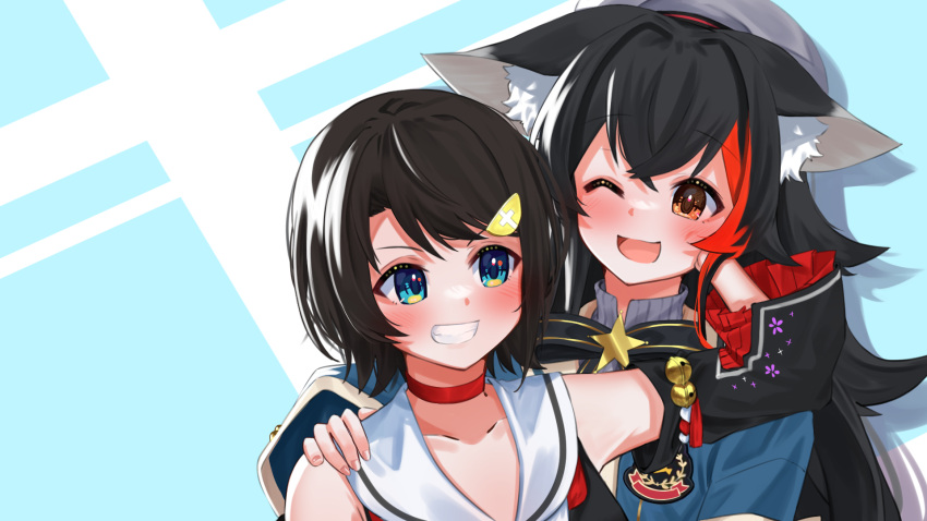 2girls ;d animal_ear_fluff animal_ears bangs bell black_hair blue_eyes blue_shirt blush brown_eyes brown_hair cape commentary_request cosplay costume_switch daichi_(daichi_catcat) detached_sleeves eyebrows_visible_through_hair grin hair_ornament hairclip hand_on_another's_cheek hand_on_another's_face hand_on_another's_shoulder highres hololive jingle_bell long_hair long_sleeves looking_at_another multicolored_hair multiple_girls one_eye_closed ookami_mio ookami_mio_(cosplay) oozora_subaru oozora_subaru_(cosplay) red_cape redhead sailor_collar shirt short_hair simple_background smile streaked_hair virtual_youtuber white_sailor_collar wolf_ears