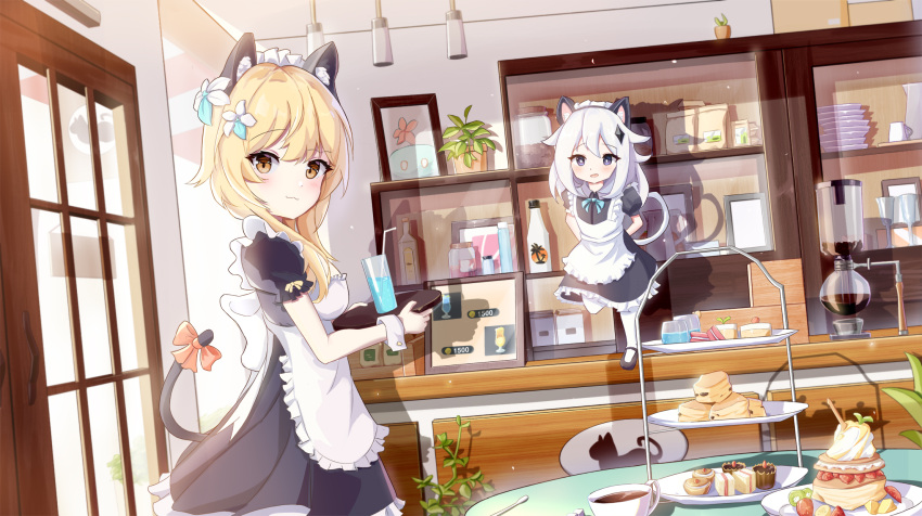 2girls :3 aaaaabk! alternate_costume animal_ears animal_print apron arms_behind_back black_footwear blonde_hair bow cafe cake cake_slice cat_ears cat_girl cat_print cat_tail chinese_commentary closed_mouth cowboy_shot cup dessert door drink enmaided eyebrows_visible_through_hair fake_animal_ears floating flower food fruit_sandwich full_body genshin_impact hair_between_eyes hair_flower hair_ornament hair_over_shoulder highres holding holding_tray indoors lights long_bangs looking_at_viewer maid maid_apron maid_headdress medium_hair multiple_girls open_mouth paimon_(genshin_impact) pastry photo_(object) photo_frame plant plate potted_plant price_tag puffy_short_sleeves puffy_sleeves shadow shelf short_sleeves tail tail_bow tail_ornament tray violet_eyes vision_(genshin_impact) white_apron white_hair white_legwear wrist_cuffs yellow_eyes