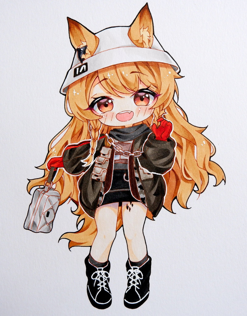 1girl animal_ears arknights bag bangs black_jacket blonde_hair blush ceobe_(arknights) ceobe_(unfettered)_(arknights) chain chibi commentary_request dog_ears dog_girl dog_tail dolphin earrings ears_through_headwear eyebrows_visible_through_hair fang gloves hand_up head_tilt high_tops highres holding holding_bag jacket jewelry long_hair long_sleeves looking_at_viewer open_mouth oripathy_lesion_(arknights) oversized_clothes popi_(maqu2_berry) pouch red_eyes red_gloves scarf shiny simple_background smile socks solo tail traditional_media white_background white_headwear