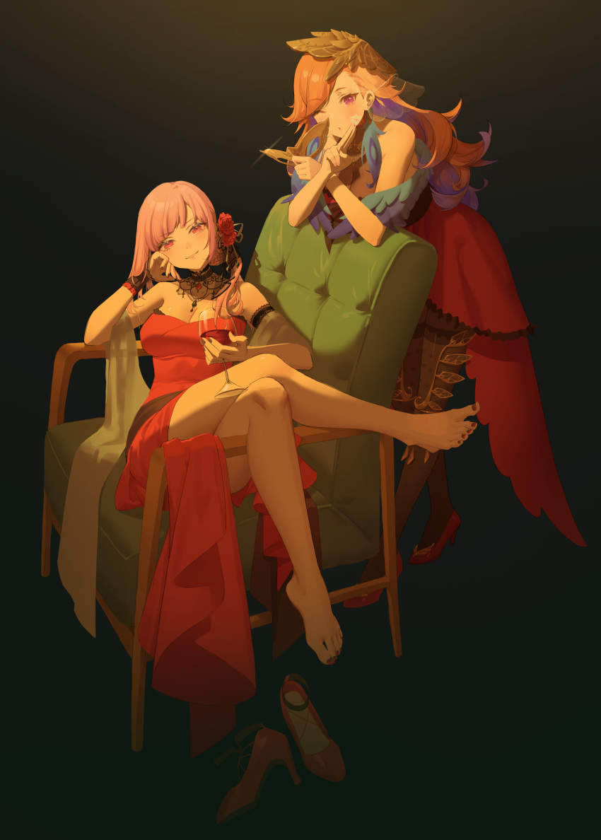 2girls absurdres bare_legs bare_shoulders barefoot blowing_kiss blush breasts cup dress drinking_glass earrings feather_earrings feathers feet gradient_hair highres hololive hololive_english jewelry karesuki legs long_hair lying mori_calliope multicolored_hair multiple_girls nail_polish official_alternate_costume one_eye_closed orange_hair pink_hair red_dress red_eyes takanashi_kiara toenail_polish toenails toes violet_eyes virtual_youtuber wine_glass yuri