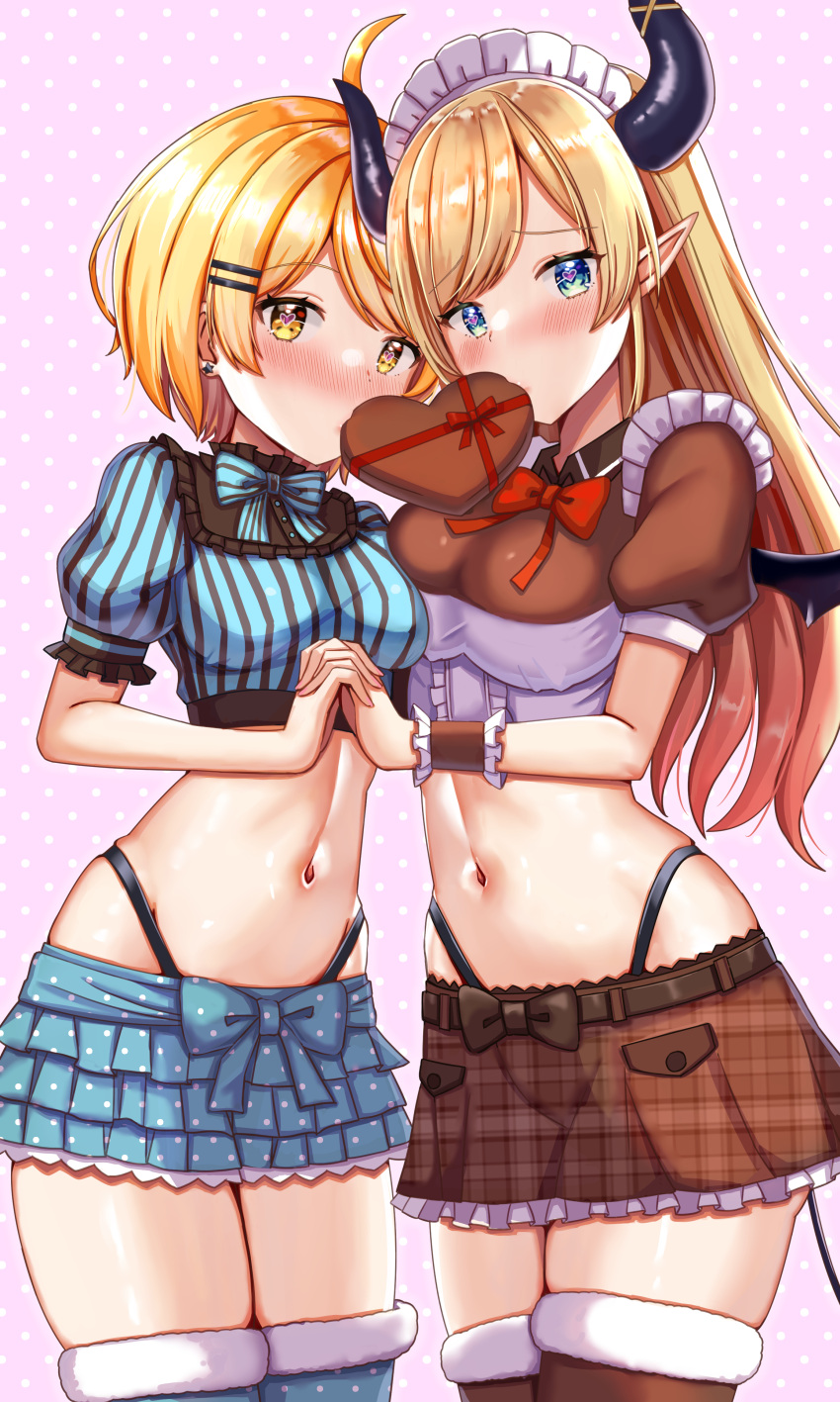 2girls absurdres ahoge asymmetrical_docking bangs belt blonde_hair blue_eyes blush bow box box_of_chocolates breast_press breasts brown_belt commentary_request demon_girl demon_horns demon_tail demon_wings earrings eyebrows_visible_through_hair frilled_shirt frilled_skirt frilled_sleeves frills hair_ornament hairclip heart heart-shaped_box heart-shaped_pupils highres holding_hands hololive horns in_mouth jewelry large_breasts long_hair looking_at_viewer maid maid_headdress midriff multiple_girls navel nootomo orange_eyes plaid plaid_skirt pointy_ears polka_dot polka_dot_background polka_dot_bow polka_dot_legwear polka_dot_skirt revealing_clothes shirt short_hair skirt star_(symbol) star_earrings symbol-shaped_pupils tail thigh-highs thighs virtual_youtuber wings wrist_cuffs yellow_eyes yozora_mel yuri yuzuki_choco