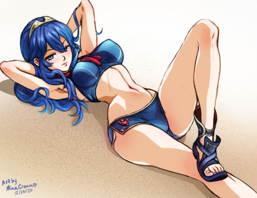 1girl artist_name bikini blue_bikini blue_eyes blue_footwear blue_hair breasts closed_mouth dated english_text fire_emblem hair_between_eyes long_hair looking_at_viewer lucina_(fire_emblem) lying mina_cream on_back on_ground sand sandals solo swimsuit tiara toenails toes