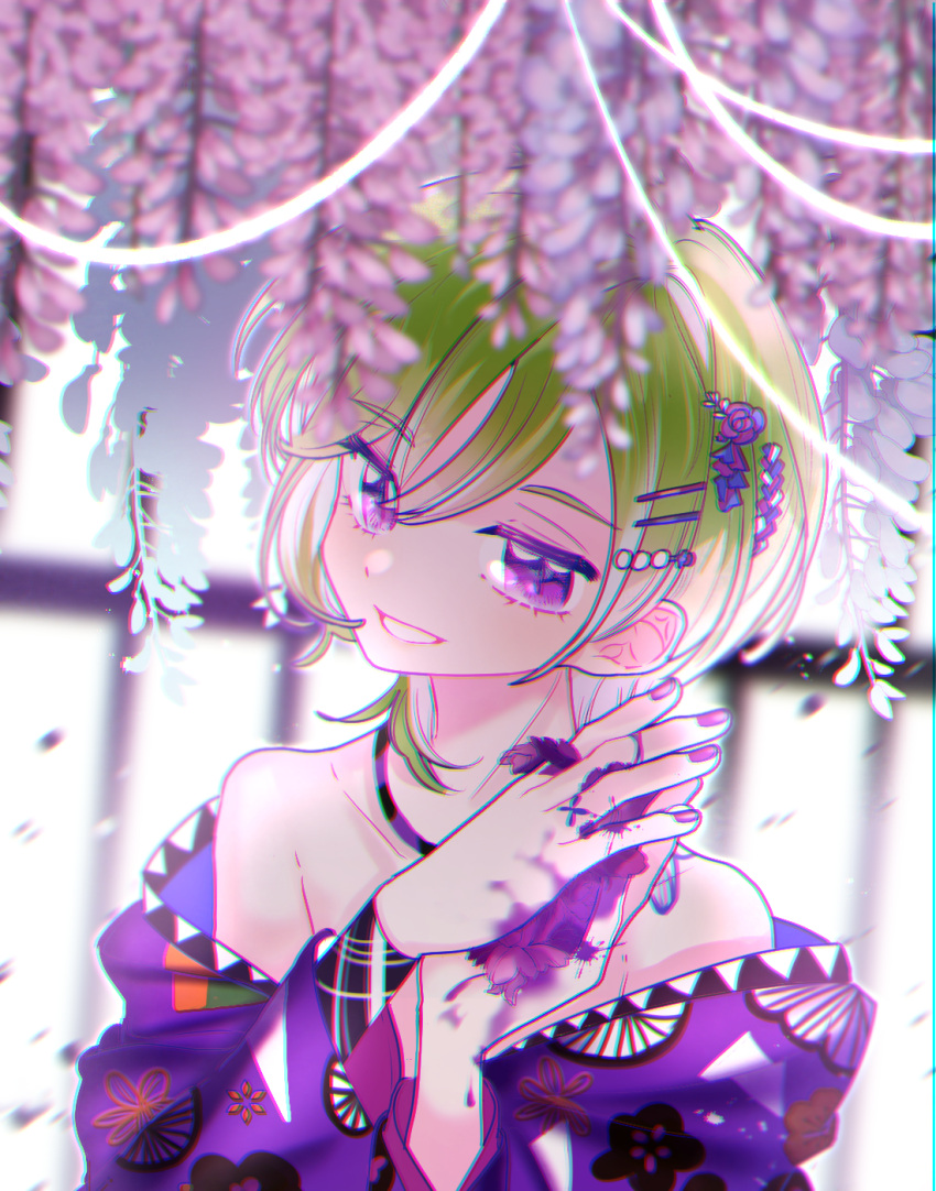 1boy dear_vocalist flower green_hair hair_flower hair_ornament hairclip highres japanese_clothes jeje_(pixiv60670177) jewelry looking_at_viewer looking_to_the_side momochi_(dear_vocalist) nail_polish pale_skin ring smile violet_eyes