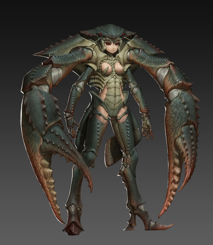 1girl absurdres arms_at_sides arthropod_girl black_sclera breasts carapace claws colored_sclera crab_girl expressionless extra_arms extra_eyes gradient gradient_background highres mcrc_science medium_breasts monster_girl original pincers red_eyes solo spines standing