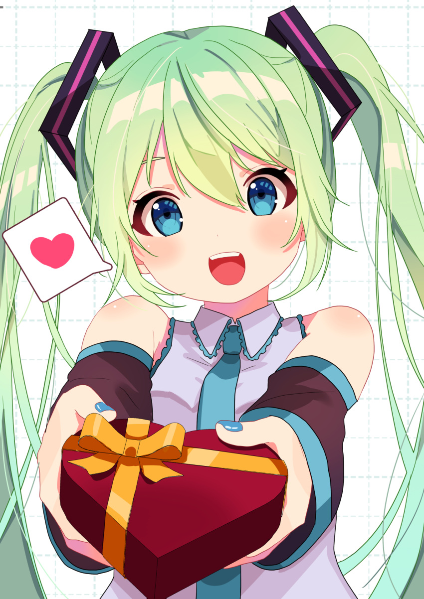 1girl aqua_eyes aqua_nails aqua_necktie black_sleeves box commentary detached_sleeves foreshortening green_hair grey_shirt grid_background hair_ornament hanamori_suzu hatsune_miku heart heart-shaped_box highres incoming_gift light_blush looking_at_viewer nail_polish necktie open_mouth shirt sleeveless sleeveless_shirt smile solo speech_bubble spoken_heart twintails valentine vocaloid white_background