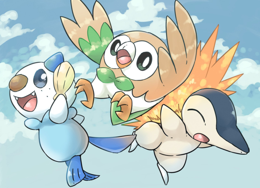 :d closed_eyes clouds commentary_request cyndaquil day fangs grey_eyes highres holding holding_shell matata no_humans open_mouth oshawott outdoors pokemon pokemon_(creature) rowlet shell sky smile starter_pokemon_trio tongue