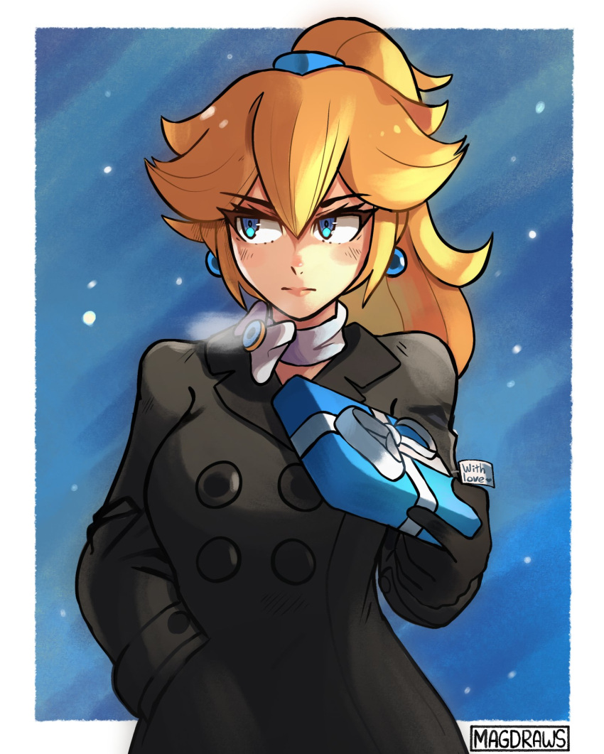 1girl alternate_costume artist_name black_coat black_gloves blonde_hair blue_eyes blush closed_mouth coat earrings eyebrows_visible_through_hair gloves highres jewelry lips long_hair long_sleeves looking_away mag_(magdraws) ponytail princess_peach snow snowing solo super_mario_bros.