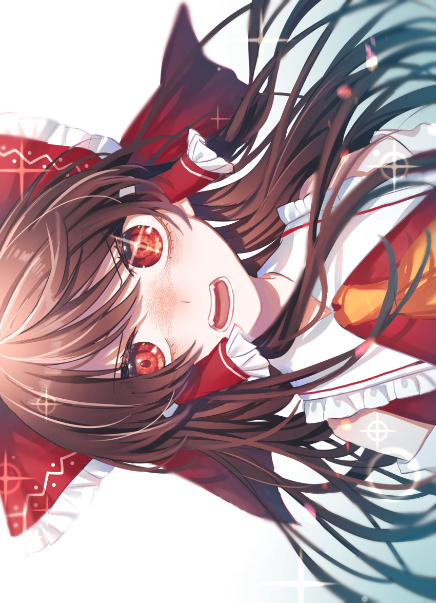 1girl absurdres ascot bangs bare_shoulders blurry blush bow brown_hair depth_of_field detached_sleeves diffraction_spikes exif_rotation eyebrows_visible_through_hair face floating_hair frilled_bow frilled_hair_tubes frilled_shirt_collar frills glint hair_bow hair_tubes hakurei_reimu highres long_hair nose_blush open_mouth orange_ascot red_eyes red_vest serious sidelocks simple_background solo swept_bangs teeth toraneko_2 touhou upper_body v-shaped_eyebrows vest white_background