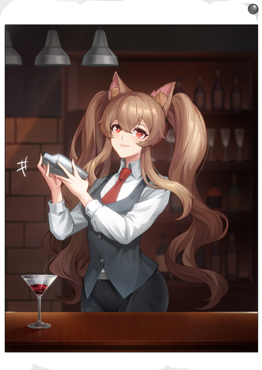 1girl angelina_(arknights) animal_ear_fluff animal_ears arknights black_pants border ceiling_light closed_mouth collared_shirt commentary_request countdown cowboy_shot cup drink drinking_glass fox_ears grey_shirt highres holding lipstick long_hair looking_at_viewer makeup motion_lines necktie pants red_eyes red_necktie shelf shirt sidelocks smile solo twintails very_long_hair wavy_hair white_border white_shirt
