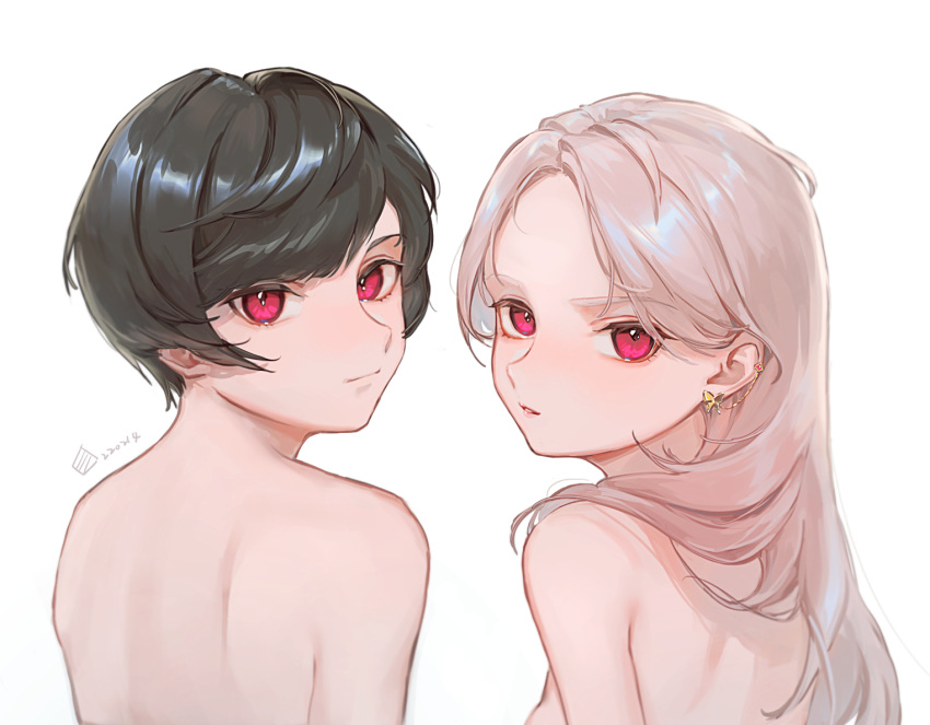 2girls black_hair blonde_hair closed_mouth commentary dated earrings from_behind jewelry long_hair looking_at_viewer looking_back multiple_girls nude original parted_lips red_eyes sandwich_(3meiji) short_hair shoulder_blades simple_background upper_body white_background