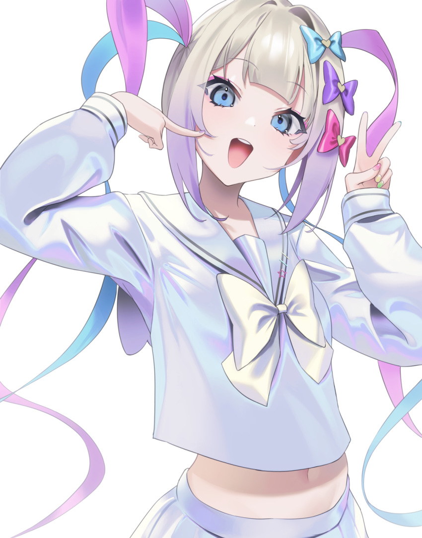 1girl :d arms_up bangs blonde_hair blue_eyes blue_hair blunt_bangs bow chouzetsusaikawa_tenshi-chan collared_shirt eyebrows_visible_through_hair eyeshadow gradient_hair hair_bow hair_ornament highres holographic_clothing iridescent long_hair long_sleeves looking_at_viewer makeup midriff multicolored_hair multicolored_nails nail_polish navel needy_girl_overdose open_mouth pink_hair pleated_skirt puffy_sleeves purple_hair quad_tails sailor_collar sailor_shirt school_uniform shirt shirt_bow simple_background skirt smile solo upper_body v very_long_hair white_background white_bow white_shirt white_skirt yaye