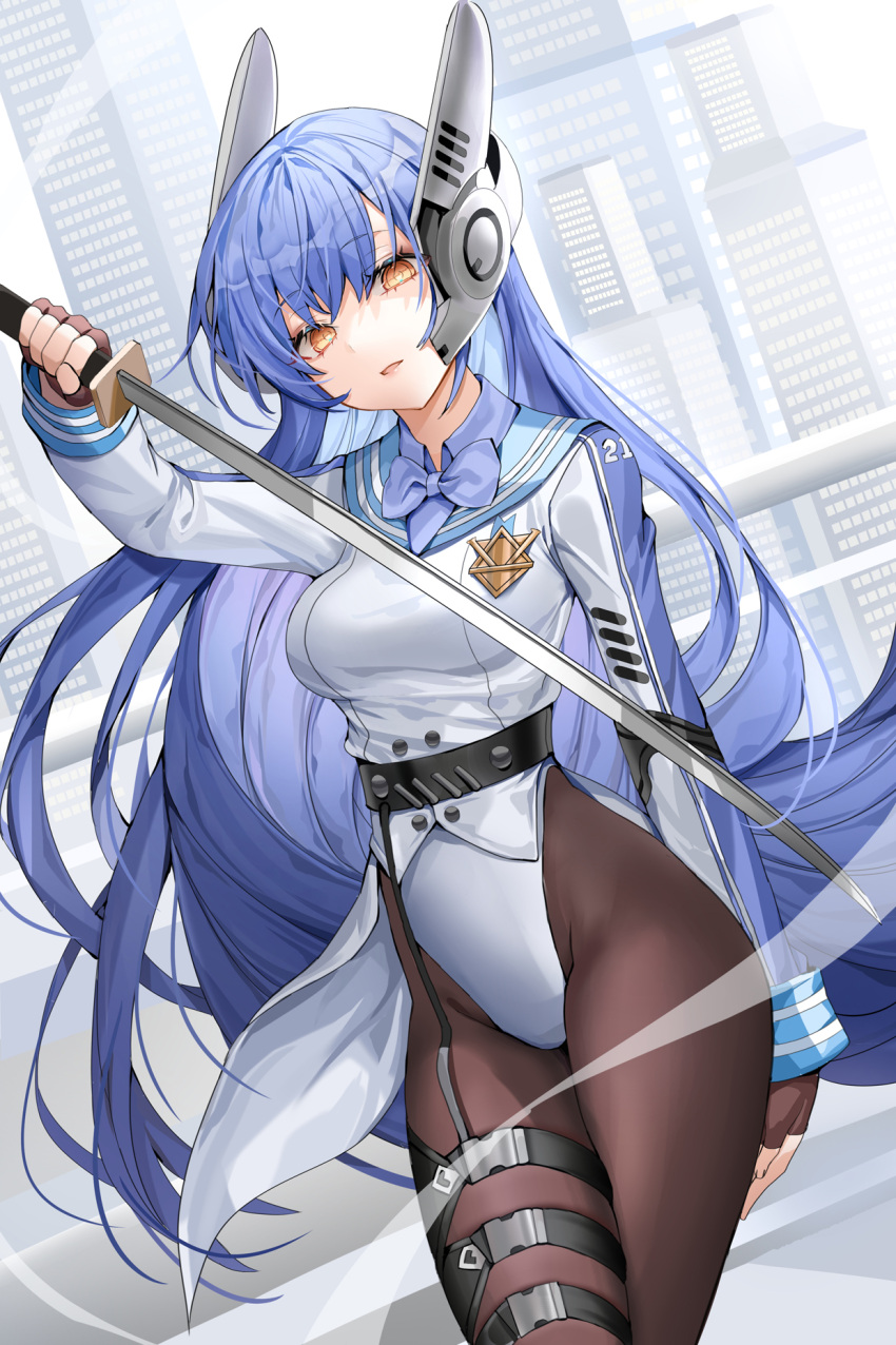 1girl bangs blue_bow blue_hair blue_shirt bow bowtie brown_gloves brown_legwear cityscape collared_shirt commentary commission cowboy_shot english_commentary eyebrows_visible_through_hair fingerless_gloves girls_frontline gloves hand_up high-waist_pantyhose highres holding holding_weapon katana leotard lloule long_hair long_sleeves looking_at_viewer multicolored_shirt pantyhose parted_lips robot_ears shirt solo standing sword tar-21_(girls'_frontline) thigh_strap very_long_hair weapon white_leotard white_shirt yellow_eyes