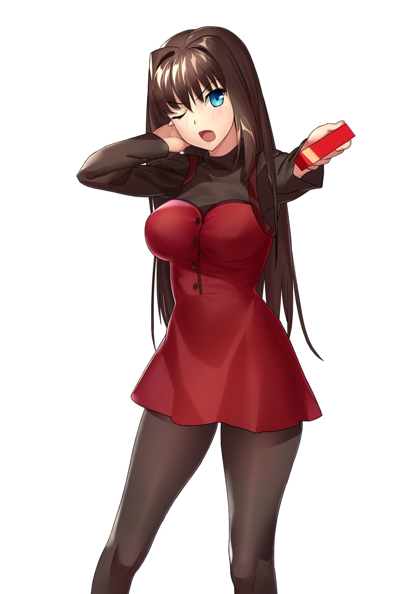 1girl absurdres aozaki_aoko bangs black_legwear black_sweater blue_eyes blush box breasts brown_hair buttons chocolate commentary_request cqqz0707 dress eyebrows_visible_through_hair gift gift_box hair_between_eyes hair_intakes highres holding holding_gift large_breasts long_hair long_sleeves looking_at_viewer mahou_tsukai_no_yoru one_eye_closed open_mouth outstretched_arm pantyhose reaching_out red_dress simple_background solo sweater tongue turtleneck turtleneck_sweater valentine white_background
