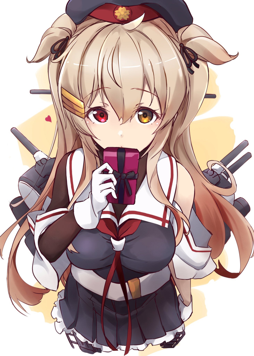 1girl asymmetrical_clothes beret black_headwear black_serafuku black_skirt breasts brown_eyes cannon commentary_request from_above gift gloves hair_flaps hat heterochromia highres holding kantai_collection large_breasts light_brown_hair long_hair looking_at_viewer machinery minosu murasame_(kancolle) murasame_kai_ni_(kancolle) neck_ribbon pleated_skirt red_eyes red_ribbon ribbon sailor_collar school_uniform serafuku skirt solo turret two_side_up white_gloves white_sailor_collar